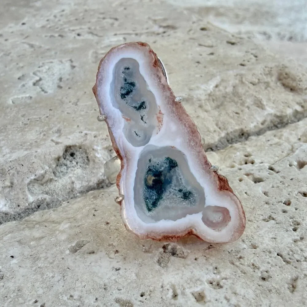 Solar Quartz Slice Druzy Ring 925 Silver Overlay Size 9, Tree Agate Ring